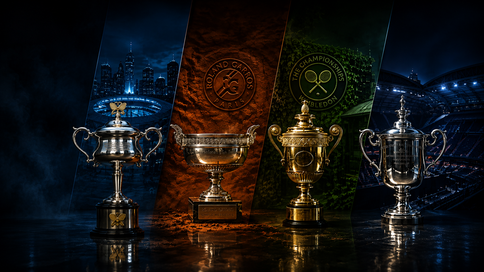 The four Grand Slam tennis trophies representing the Australian Open, Roland Garros, Wimbledon and US Open